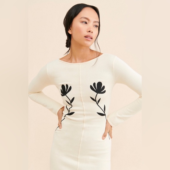 Another Girl Chic Cream Long Sleeve Dress with Black Floral Design - Picture 6 of 7